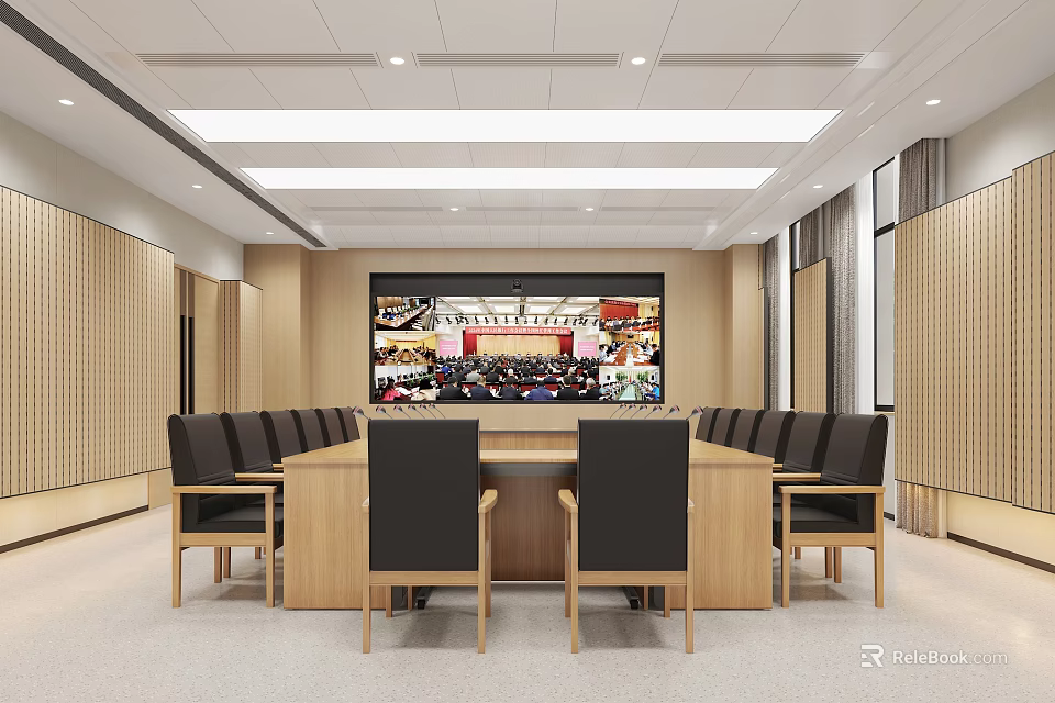 Modern Conference Room With Long Wooden Table Comfortable Chairs And Projection Screen 3d model 
