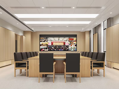 Modern Conference Room With Long Wooden Table Comfortable Chairs And Projection Screen 3d model