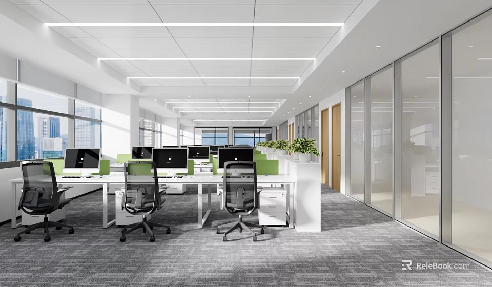 Modern Public Office Space With Open Layout Workstations Computers And Green Plants 3d model 