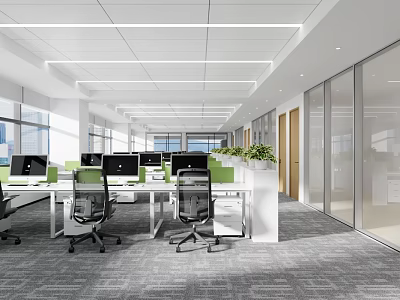 Modern Public Office Space With Open Layout Workstations Computers And Green Plants 3d model