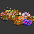 Cartoon Style Amusement Playground Scene With Colorful Rides Paths And Decorations