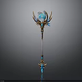 Ornate Magic Staff With Glowing Blue Crystal And Golden Wing Decorations