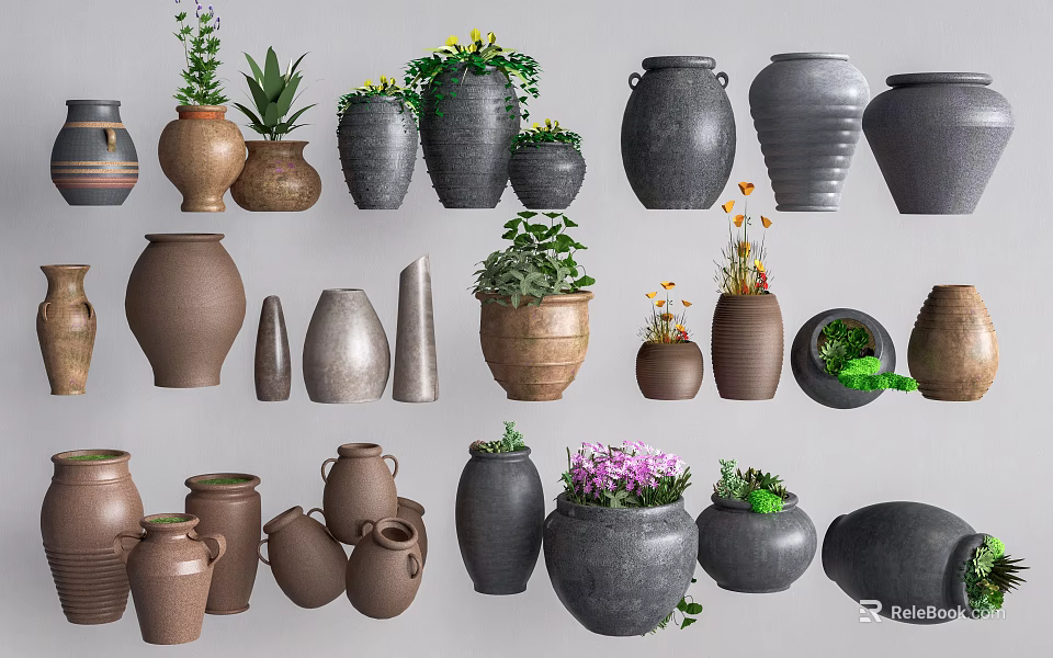 Decorative Garden Ornaments With Assorted Clay Flower Pots Vases And Green Plants 3d model 