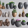 Decorative Garden Ornaments With Assorted Clay Flower Pots Vases And Green Plants