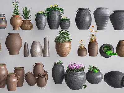 Decorative Garden Ornaments With Assorted Clay Flower Pots Vases And Green Plants 3d model