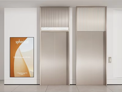 Modern Elevators With Metallic Finish In Minimalist Interior And Spherical Billboard 3d model