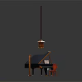 Musical Instruments and Art Supplies Setup with Grand Piano Harp Red Chair and Music Stand