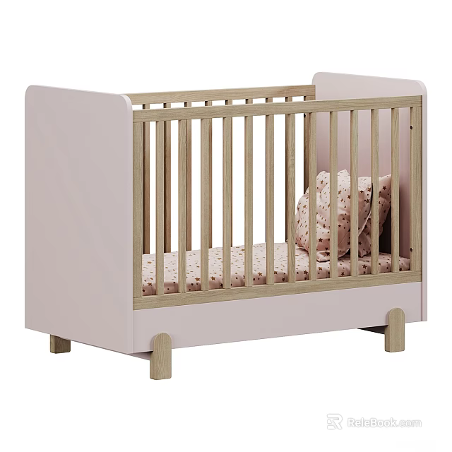 Cozy Pink Wooden Baby Crib Featuring Patterned Mattress and Pillow 3d model 