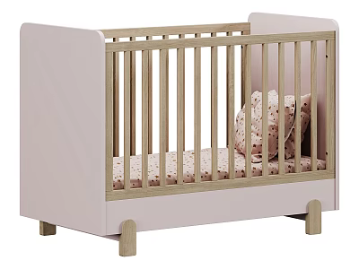 Cozy Pink Wooden Baby Crib Featuring Patterned Mattress and Pillow 3d model