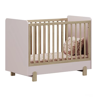 Cozy Pink Wooden Baby Crib Featuring Patterned Mattress and Pillow 3d model