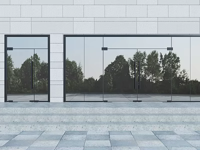 Modern Glass Doors With Tree Reflections On Gray Wall And Stone Steps On Tile Ground 3d model