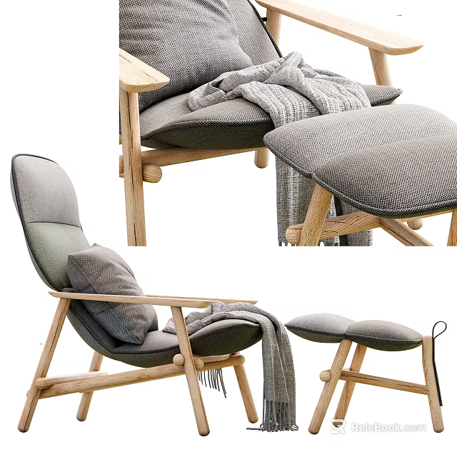 Stylish Lounge Chair With Wooden Frame Soft Gray Cushion Throw Blanket And Ottoman 3d model 