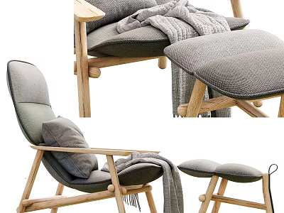 Stylish Lounge Chair With Wooden Frame Soft Gray Cushion Throw Blanket And Ottoman 3d model