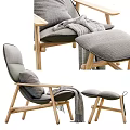 Stylish Lounge Chair With Wooden Frame Soft Gray Cushion Throw Blanket And Ottoman