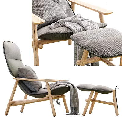 Stylish Lounge Chair With Wooden Frame Soft Gray Cushion Throw Blanket And Ottoman 3d model