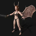 Red Haired Fantasy Game Character With Horns Bat Wings Bikini Outfit And Arm Restraints