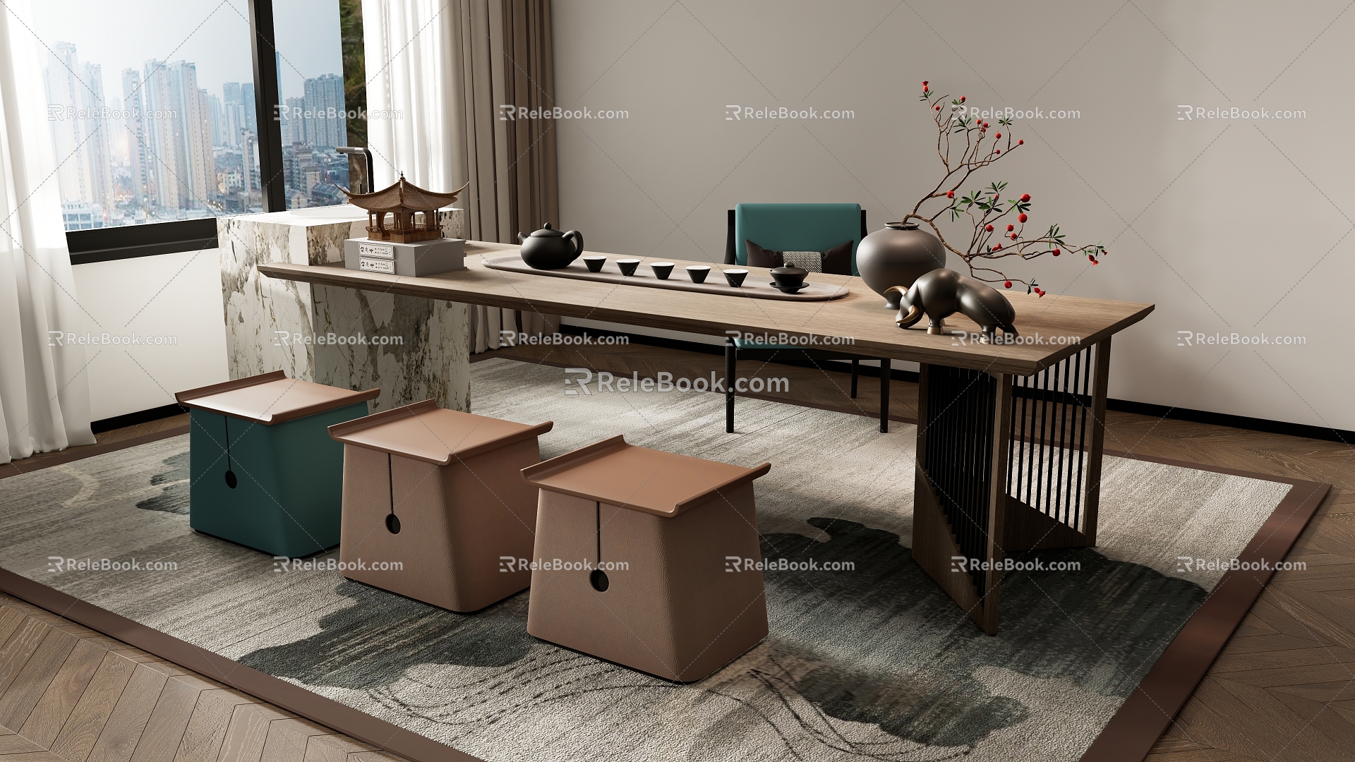 New Chinese Tea Table and Chair Combination Tea Table Water Table 3d model