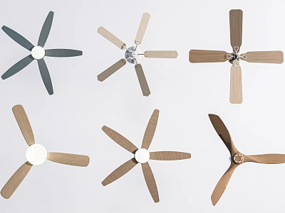 Different Designed Ceiling Fans In Gray Beige Wooden Hues With Various Blade Shapes 3d model