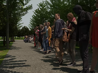 People Standing in Line on Outdoor Park Path With Trees and Grass 3d model
