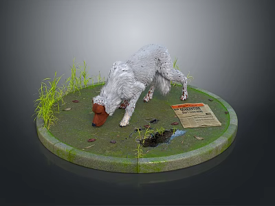 Gray White Dog With Brown Head Character Sniffing Ground Grass Small Puddle Paper Game Movie 3d model