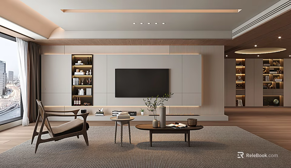 Modern Living Room Interior Design With Tv Wall Built In Bookshelves Armchair And Coffee Table 3d model 