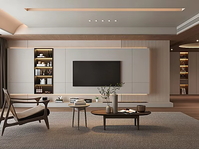 Modern Living Room Interior Design With Tv Wall Built In Bookshelves Armchair And Coffee Table 3d model