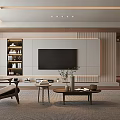 Modern Living Room Interior Design With Tv Wall Built In Bookshelves Armchair And Coffee Table
