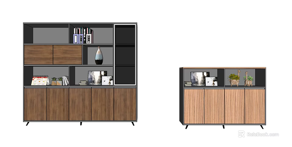 Modern Wooden Decorative Cabinet With Open Shelves Storage Compartments And Decorative Items 3d model 