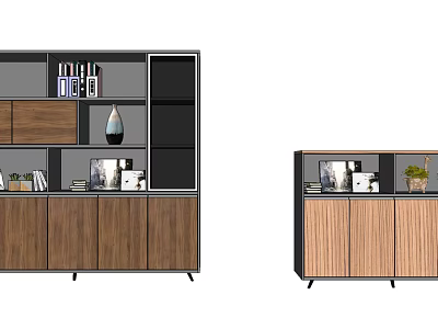 Modern Wooden Decorative Cabinet With Open Shelves Storage Compartments And Decorative Items 3d model