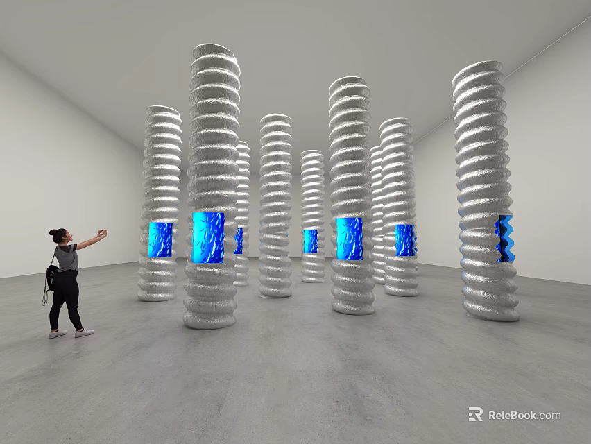 Art Installation Featuring Spiral Columns With Blue Illuminated Interiors In Gallery Space 3d model 