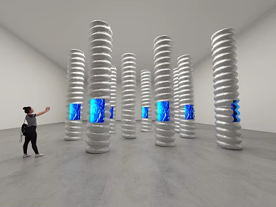 Art Installation Featuring Spiral Columns With Blue Illuminated Interiors In Gallery Space 3d model