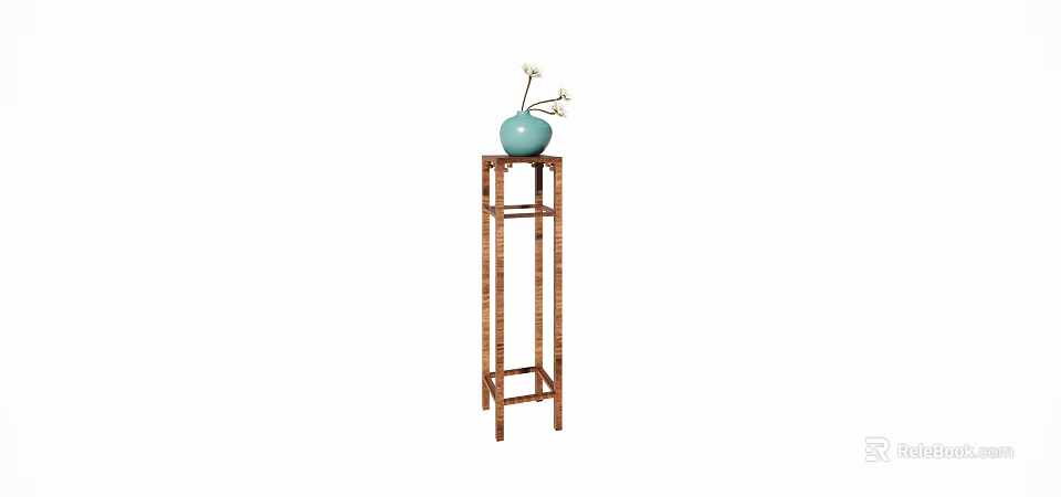Blue Vase With White Flowers Placed On Brown Wooden Decorative Stand 3d model 
