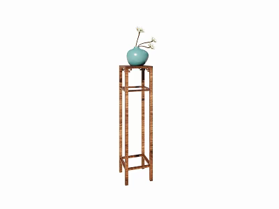 Blue Vase With White Flowers Placed On Brown Wooden Decorative Stand 3d model