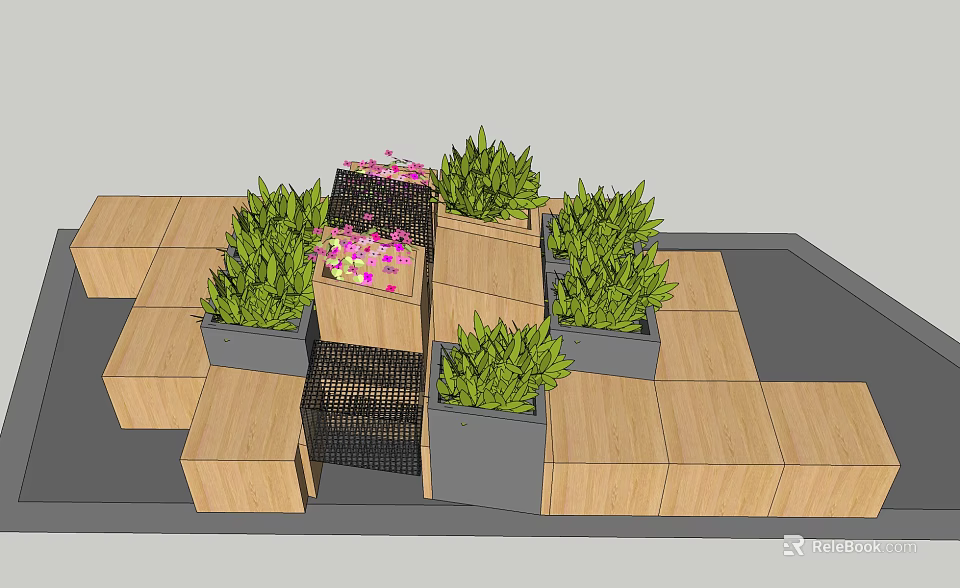 Wooden Public Chair With Green Plants In Modular Outdoor Public Space Design 3d model 