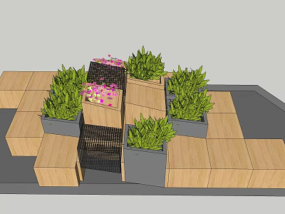 Wooden Public Chair With Green Plants In Modular Outdoor Public Space Design 3d model