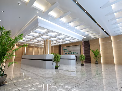 Modern Reception Area With White Desk Green Plants Modern Ceiling And Marble Floor 3d model