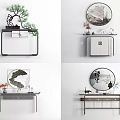Minimalist Console Table With Bonsai Pine Tree And Black Frame Design 3d model