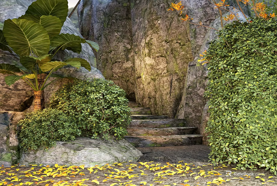 Scenic Garden Landscape With Large Green Leaves Rocks Stone Steps Bushes And Yellow Fallen Leaves 3d model 