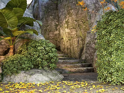 Scenic Garden Landscape With Large Green Leaves Rocks Stone Steps Bushes And Yellow Fallen Leaves 3d model