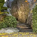 Scenic Garden Landscape With Large Green Leaves Rocks Stone Steps Bushes And Yellow Fallen Leaves