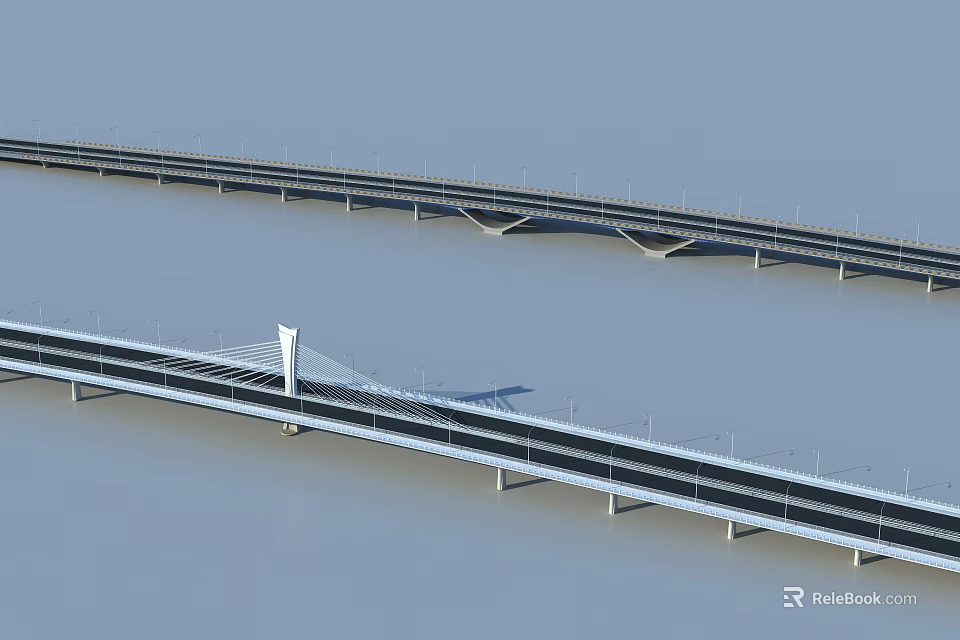 Modern Dual Highway Bridge Design Featuring Concrete Piers Over Calm Blue Water 3d model 