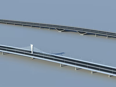 Modern Dual Highway Bridge Design Featuring Concrete Piers Over Calm Blue Water 3d model