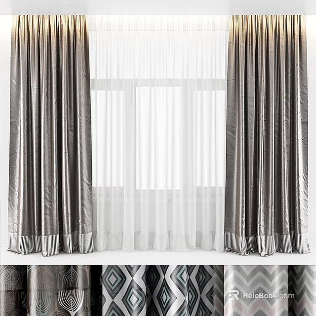 Gray Curtains With White Sheer Layers For Modern Window Decoration Design 3d model