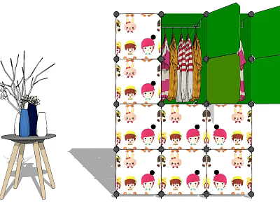 Cartoon Patterned Children's Wardrobe With Open Green Door And Hanging Clothes 3d model