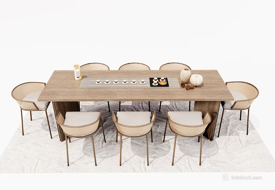 Modern Wooden Tea Table With Six Matching Chairs And Ceramic Tea Set Decor 3d model 