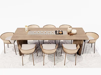 Modern Wooden Tea Table With Six Matching Chairs And Ceramic Tea Set Decor 3d model