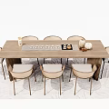 Modern Wooden Tea Table With Six Matching Chairs And Ceramic Tea Set Decor