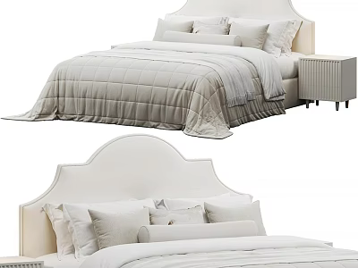 Modern Beige Double Bed With Curved Headboard Plush Pillows And Nightstand 3d model