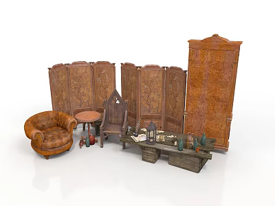 Classic Wooden Furniture Collection Featuring Carved Screens Armchair Small Round Table And Tall Cabinet 3d model