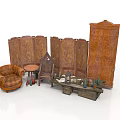 Classic Wooden Furniture Collection Featuring Carved Screens Armchair Small Round Table And Tall Cabinet